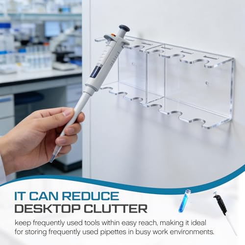 Fiwochic Wall Mounted Pipettor Hanger 6 Position Acrylic Laboratory Pipette Stand Holder Micropipette Rack for Hanging 6 Laboratory Pipettes, Pipettes Not Included, Transparent