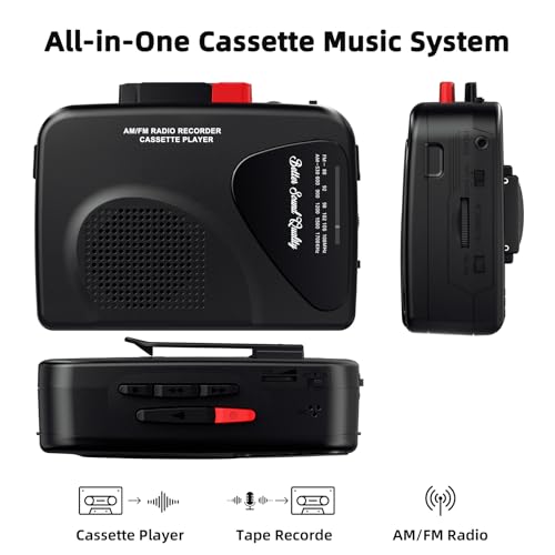 Kassettenspieler/Recorder, AM/FM-Radio,Walkmaner Tragbarer Kassettenspieler, Aufnahme auf Kassette, Eingebaute Lautsprecher, Manuelle Aufnahme, T201(Schwarz)