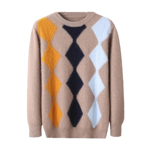 Pull épais à col rond en losange pour homme 100% cachemire de couleur contrastée