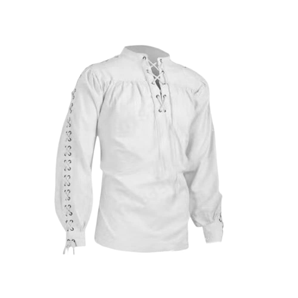 BaronHong Men's Pirate Shirt Viking Steampunk Retro Renaissance Medieval Gothic Victorian Halloween Costume(White,4XL)