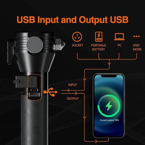 Image of 8 in 1 Multi Function USB Rechargeable Solar Powered Flashlight with Glass Breaker,Seatbelt Cutter,Alarm LED Tactical Flashlight for Camping,HikingWalking (Solar Torch Light)