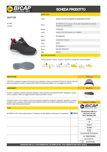 Bicap Scarpe Antinfortunistiche Uomo Donna Raptor S3 Sacca Porta Scarpe Lavoro Tessuto Tecnico Idrorepellente Puntale Composito Lamina Antiperforazione Suola Antiscivolo Edilizia Logistica Industria - 8