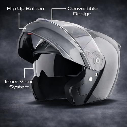 Image of Vega VM-02 Spike Flip-Up Motorcycle Helmet with ISI Certification | High-Impact ABS Shell, Dual Visor, UV & Scratch Resistant: Athena Grey, M