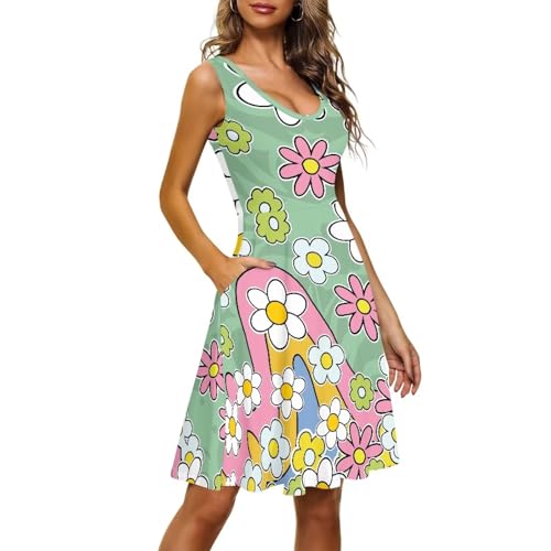 Image of Women's Casual Loose Sundress Midi Sleeveless Crewneck Dress Summer Beach Tank Dress with Pockets