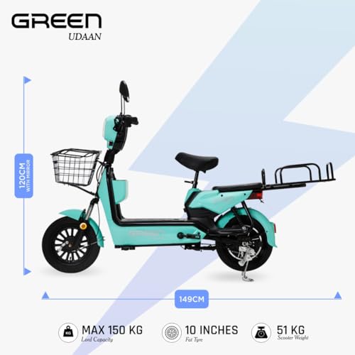 Image of Green Udaan Electric Scooter for adult's commuter with portable rechargeable battery, No RTO Registration or DL required, 30kms Range & 25kmph Power by 250W Motor, E-Bike (GREEN WITH CARRIER)