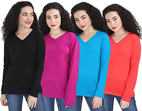 Image of FLEXIMAA Women's Cotton Plain V Neck Full Sleeve T-Shirt