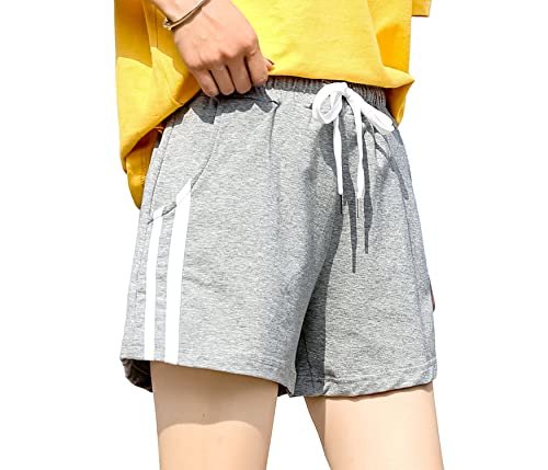 RAKUKOU レディース ショートパンツ 綿 2本ライン スポーツ 短パン 夏 ポケット付き カジュアルウエア 柔らかい 通気性 伸縮性 吸汗 ヨガ ランニング