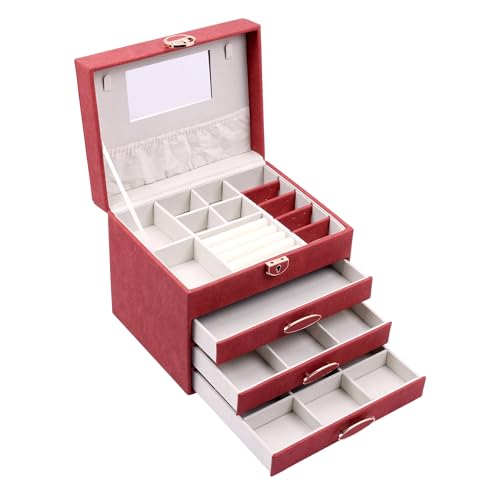 Image of BucketList Luxury PU Leather Jewellery Organizer Box with Mirror & Lock | 3 Drawer Jewelry Storage Case with Ring Rolls & Compartments (4 Drawers Jewelry Box with Mirror (Red))