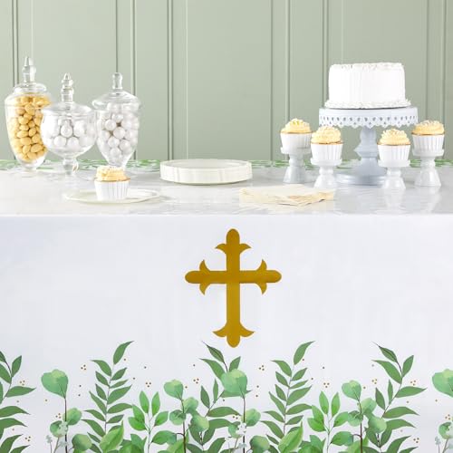 Sparkle and Bash Baptism Tablecloths - 3-Pack, 54 x 108 in, Gold Plastic - Disposable Religious Table Decor for Baptism, First Communion & Confirmation
