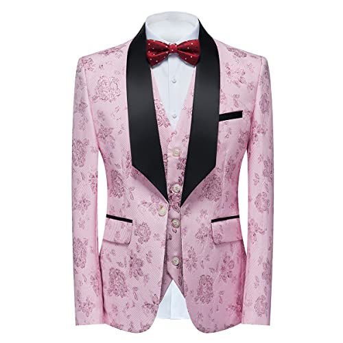 Tuxedo Suits For Men 3 Piece Regular Fit Suit Floral Pattern Blazer Jacket Waistcoat Pants Men Suit Set For Wedding Baby Pink #TOP2
