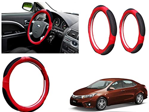 Image of Microfiber Car Steering Wheel Cover, Soft Padding Great Hand Feel, Anti-Slip, Faux Leather Steering Cover for Toyota Corolla Altis 2015 | Black Red Jali - Pack of 1