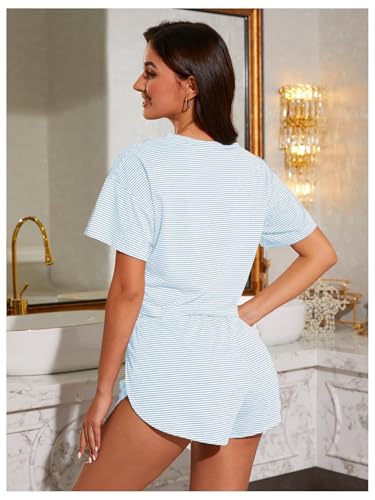 Image of OYOANGLE Womens Pajama Sets 2 Piece Sexy Lounge Sets Summer Cute Pjs Striped Print Tee and Side Split Shorts Set