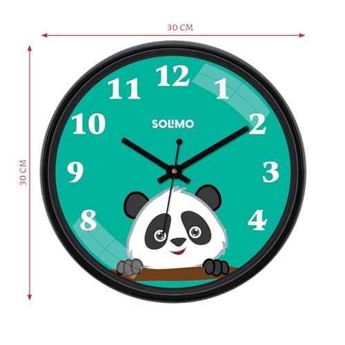 Amazon Brand - Solimo 12-inch Plastic & Glass Wall Clock - Piggy Panda (Silent Movement), Black