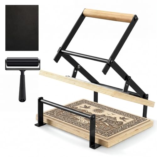 Lanties A4 Black Printing Linocut Hand Lever Press Machine with Rollers and Felt Pads for Lino Cuts Cutting Printing Linoleum Blocks Printmaking Tools Kit for Students Beginners and Kids Crafts