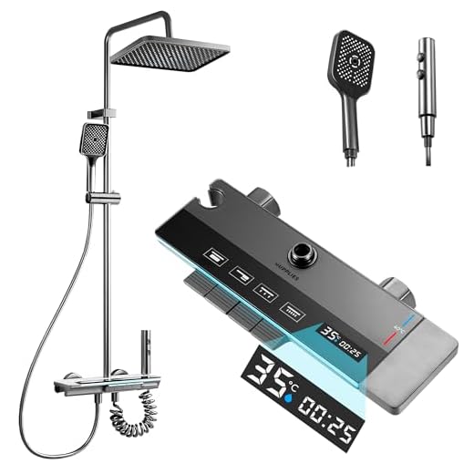 JUPPLIES Columna de Ducha Termostatica con Pantalla Digital LED, Cabezal de Ducha XL estilo Lluvia, Ducha de Mano, Rociador auxiliar y Grifo Cascada – Acero Inoxidable - Baño de Lujo y Confort