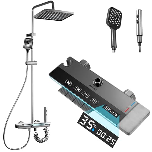 JUPPLIES Columna de Ducha Termostatica con Pantalla Digital LED, Cabezal de Ducha XL estilo Lluvia, Ducha de Mano, Rociador auxiliar y Grifo Cascada – Acero Inoxidable - Baño de Lujo y Confort