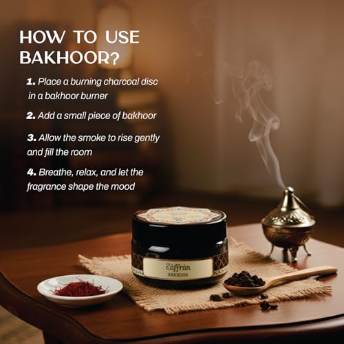 Image of Devdarshan Zaffran Bakhoor (50g) Pack of 1 | Premium Long-Lasting Oriental Aroma | Natural Resin for Home Fragrance, Meditation & Relaxation | Luxurious Scented Bakhoor