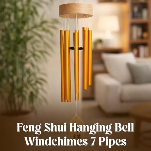 Image of GJ Premium Wooden Wind Chimes for Home & Office | 7 Pipe Metal Rod Wind Chimes with Wooden Top 16-24 CM Tubes | Soothing Sound, Positive Energy for Balcony, Entrance & Garden (Gold1)