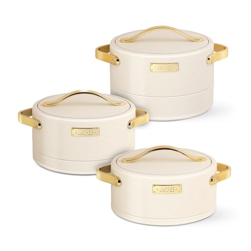 Image of JAYPEE Luxura Inner Stainless Steel Serving Casserole Set of 3 Elegance Unique Design PU Insulated 100% Food Grade with Lockable Lid, Chrome Plated Handle Hot Case |1500, 2000, 2500 ml, Ivory