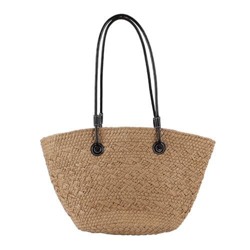 Khaki Stylish Woven Beach Bag, Straw Shoulder Bag, Large Capacity for Outdoor Shopping