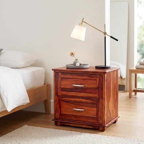 Image of SHIKHA WOOD CRAFT Solid Sheesham Wood Bedside Table with 2 Drawers Storage Nightstand | Multipurpose Wooden Sofa Side End Table Furniture for Bedroom, Living Room, Hotels and Home (Honey Finish)