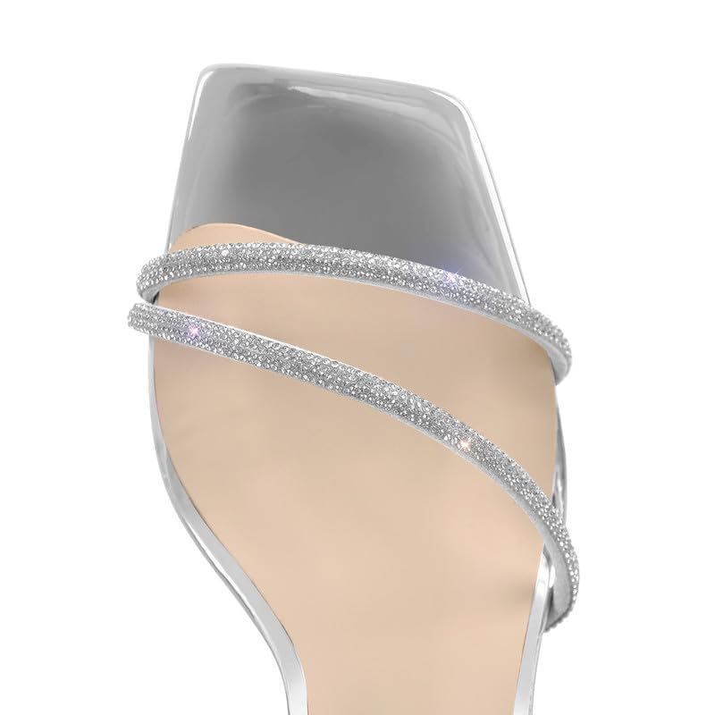 VERISSON Damen Riemchensandalen Slingback High Heels Eckige Sandalen Glitzer Sandaletten Metallic Silber 39 EU