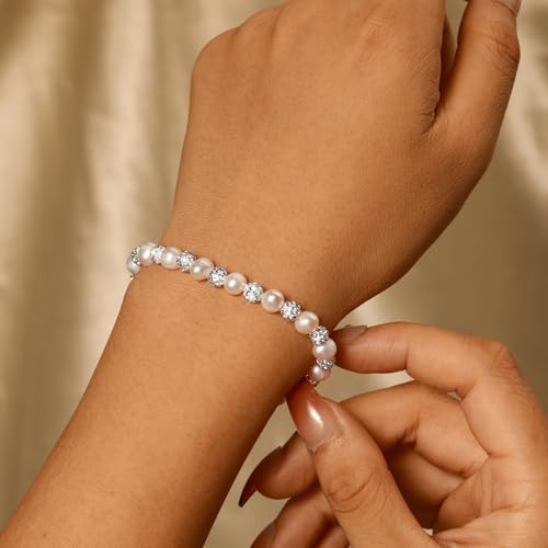 Image of CZ Pearl Bracelets for Women, 925 Sterling Silver Natural Pearl with Cubic Zirconia Crystal Bead Sparkle Bracelet for Brides Adjustable Silver Handmade Jewelry Bracelets for Birthday Party Graduation Jewelry Gifts
