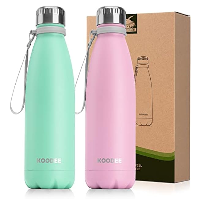 koodee Kids Insulated Water Bottle 2 Pack-17 oz Stainless Steel Double Wall Vacuum Insulated Water Bottle for School, Cola Shape Leak Proof Sports Flask (Aquamarine Blue-Sky Blue)