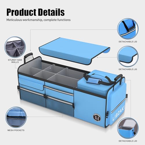 Image of LIBZAKI Oversize 4 in 1 Car Trunk Storage Organizer, Multi Compartment Collapsible Trunk Storage Box with Cooler Bag for Car Truck SUV-Light Blue