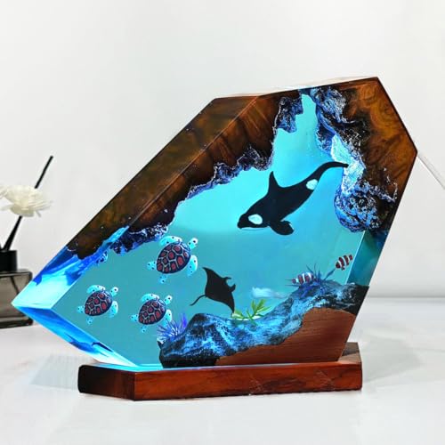 MASDEC Killer Whale Ocean Resin Lamp, Handmade RGB Ocean Lamp with Wooden Base,Resin Art Lamp for Home Office Decor,Ocean Gifts for Women or Men,Unique Birthday Holiday Gifts for Mom Dad(S 6