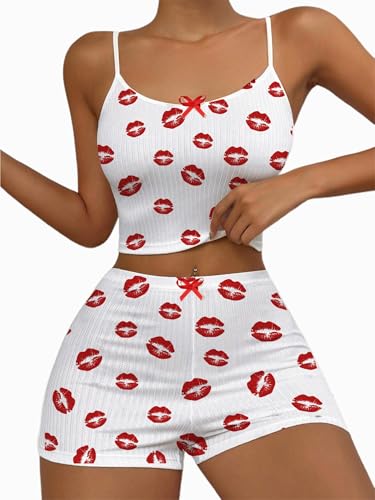 Image of Hilinker Womens Graphic 2 Piece Pajama Set Summer Cute Crop Cami and Shorts Ribbed Lounge Sets