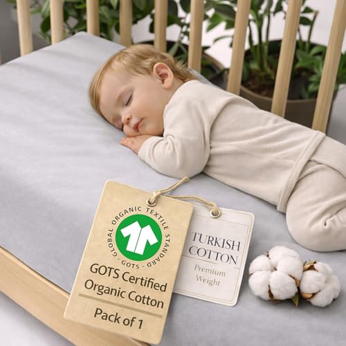 Image of GOTS Organic Pack and Play Sheets Fitted - 1 Pack Mini Crib Sheets Premium Weight Turkish - Cotton 38x26 Neutral Toddler Playard Bedding, Fitted Mini Baby Crib Mattress Cover Boy, Girl
