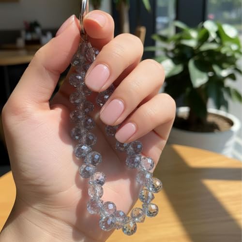 Image of Phone Charm with Beaded Chain | Acrylic Phone Strap for Mobile Keys & Bags | Decorative Wrist Strap | Lanyard Charms | Keychain Accessory for Women Girls (Crystal-Blue)