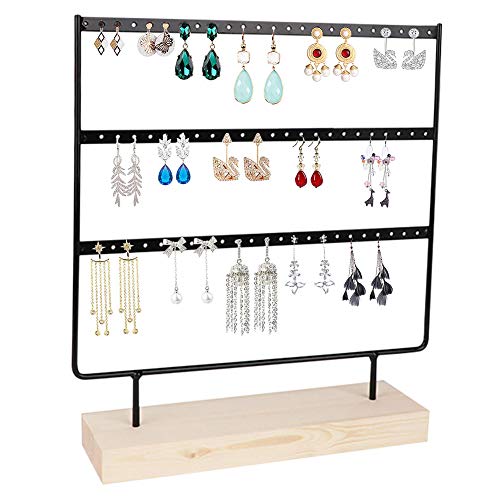 Earing Holder Organizer, 3-Tier Stud Earring Organizer Earring Stand, Earring Holders for Jewelry Display, 69 Holes Wooden Base Jewelry Organizer for Hanging Earrings(Black)