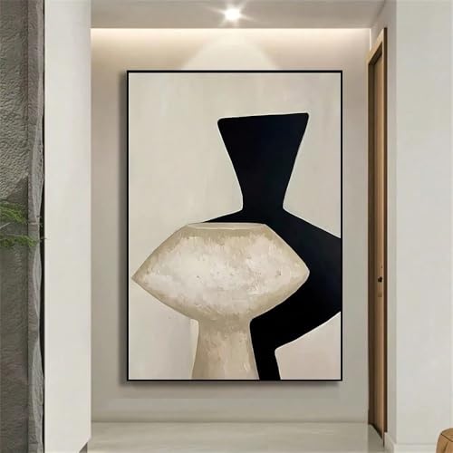 Peinture abstraite minimaliste sur toile tableau art mural géométrique noir et beige 50x75