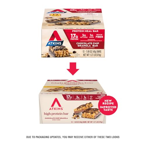 Image of Atkins Chocolate Chip Granola Protein Bar, High Fiber, Low Sugar, 17g Protein, 3g Net Carb, High Protein Bars, Keto Friendly, 12 Count (Pack of 12)