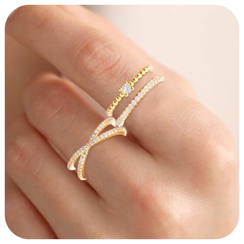 Rings for Women Stackable, Non Tarnish Set of 3 Dainty 18K Gold Plated Stacking Trendy Ring Set, Simple Cute Statement Promise Wedding Bands Engagement Rings