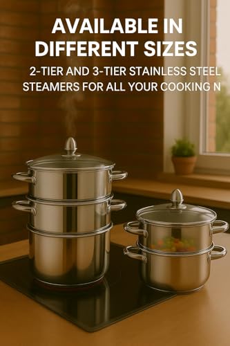 Image of Pigeon Elantra Stainless Steel 3 Tier Steamer Pot Set with Glass Lid | Pasta Steamer Momo /Modak Maker | Vegetable Steamer | Rice Steamer (22cm) | Capsulated Induction Bottom|ISI Certified