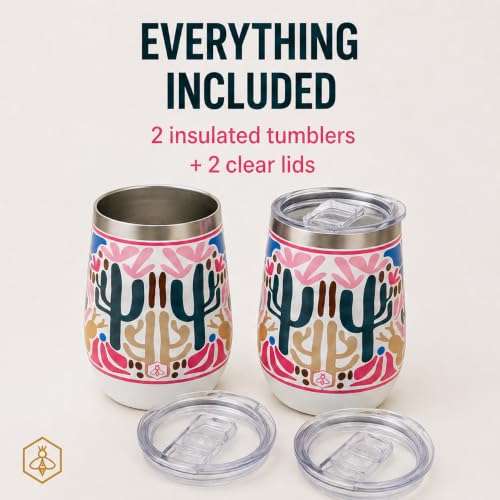 Image of Biddlebee 12 oz Insulated Stemless Wine Tumblers with Lids, Set of 2 | Stainless steel, keeps drinks hot or cold for hours; unbreakable outdoor and travel wine glasses; gift for women, birthday
