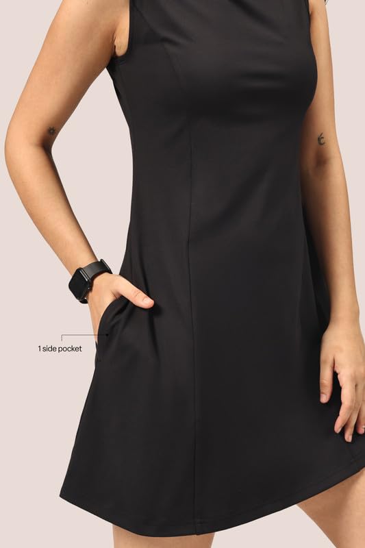 Image of BlissClub Womens Ultimate Dress, Fit & Flare Silhouette, Boat Neck Dress with Side Pocket, Soft Stretchy Everyday