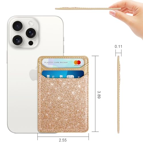 Image of Self Adhesive Card Holders for Back of Phone, Leather RFID Phone Wallet Pockets Stick On, Credit Card Holders Sleeve for Phone Case Compatible with Most of Smartphones, Glitter Gold
