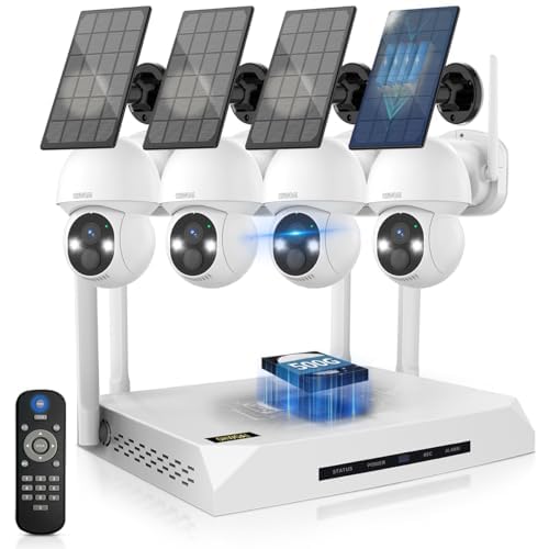《100% Solar Powered &amp;Full 360° Coverage》Outdoor Wireless PTZ Camera System, 4MP Solar Powered Battery Cameras, Surveillance DVR Kits