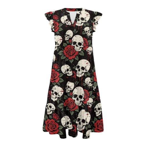 Image of Women's Casual Ruffle Sleeve Dress V Neck Pullover Dress Flowy A-Line Pleated Lightweight Dress with Pockets