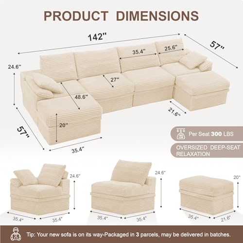 142" Modular U-Shaped Sectional Sofa with Storage, 4-Seat Corduroy Boneless Couch, 27" Deep Seat Cloud Couch & 2 Movable Ottoman, Tool-Free Assembly, Couch for Living Room, Beige - Image 4