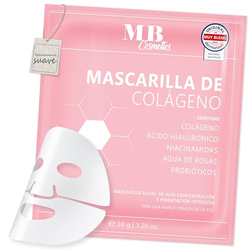 MB Cosmetics Mascarilla de colágeno – con ácido hialurónico, y probióticos – Mascarilla facial de hidrogel para la reducción de arrugas. Ultra concentrada con 52.000 ppm, 1 unidad.