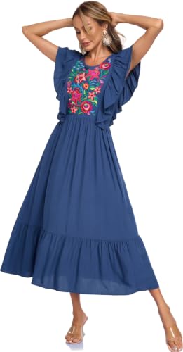 Image of Women's Summer Maxi Dress Casual Floral Embroidered Round Neck Short Sleeve Ruffle Tiered Dress Flowy Boho Beach Sundress
