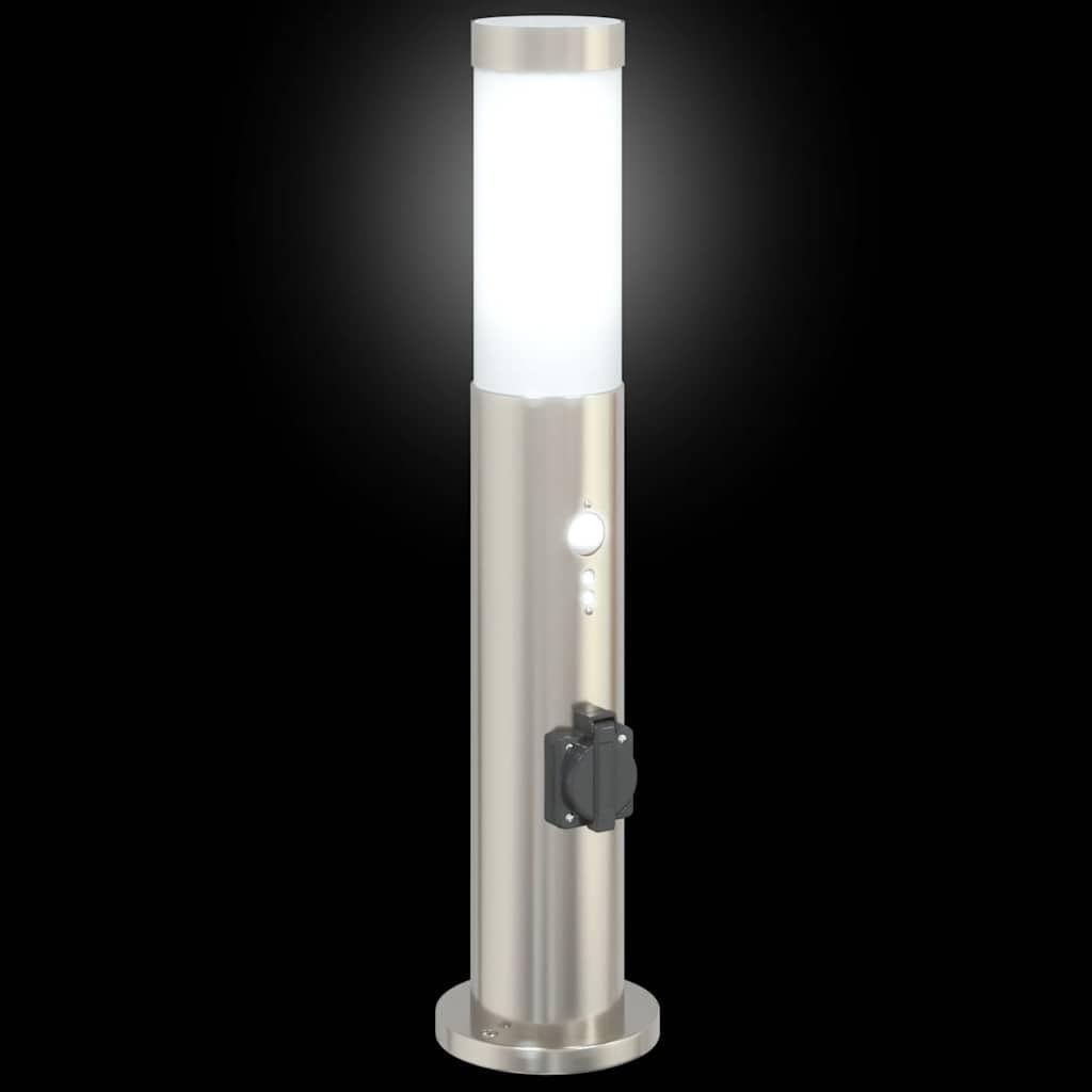 Set di 3 lampade a colonna in acciaio inox, 50 cm, con protezione IP44, presa integrata e sensore di movimento PIR, per giardino, terrazza, cortile, illuminazione esterna moderna e funzionale