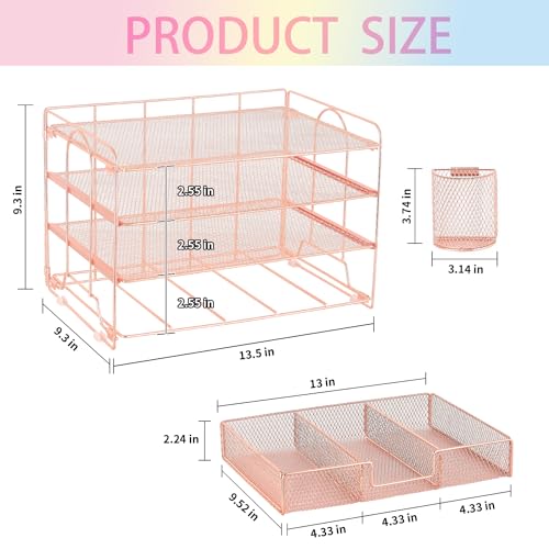 Spacrea Desk Organizers and Accessories - 4 Tier Letter Tray Paper Organizer with Drawer and 2 Pen Holder, Desktop File Organizer for Office Supplies(Rose Gold) - Thumbnail 4