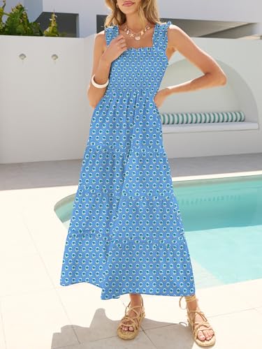 Image of Caracilia Womens Summer Maxi Dresses Floral Smocked Sleeveless Ruffle Boho Casual Flowy Aline Beach Vacation Long Sundress
