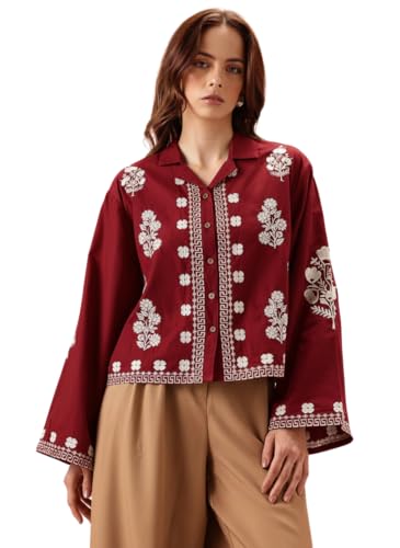Image of Bee M Pee Designer Women's Embroidered Korean Crop Shirt | Full Bell Sleeves Western Tops for Woman Stylish | Oversized Formal /Casual /Office Wear Cotton Shirts Top for Women